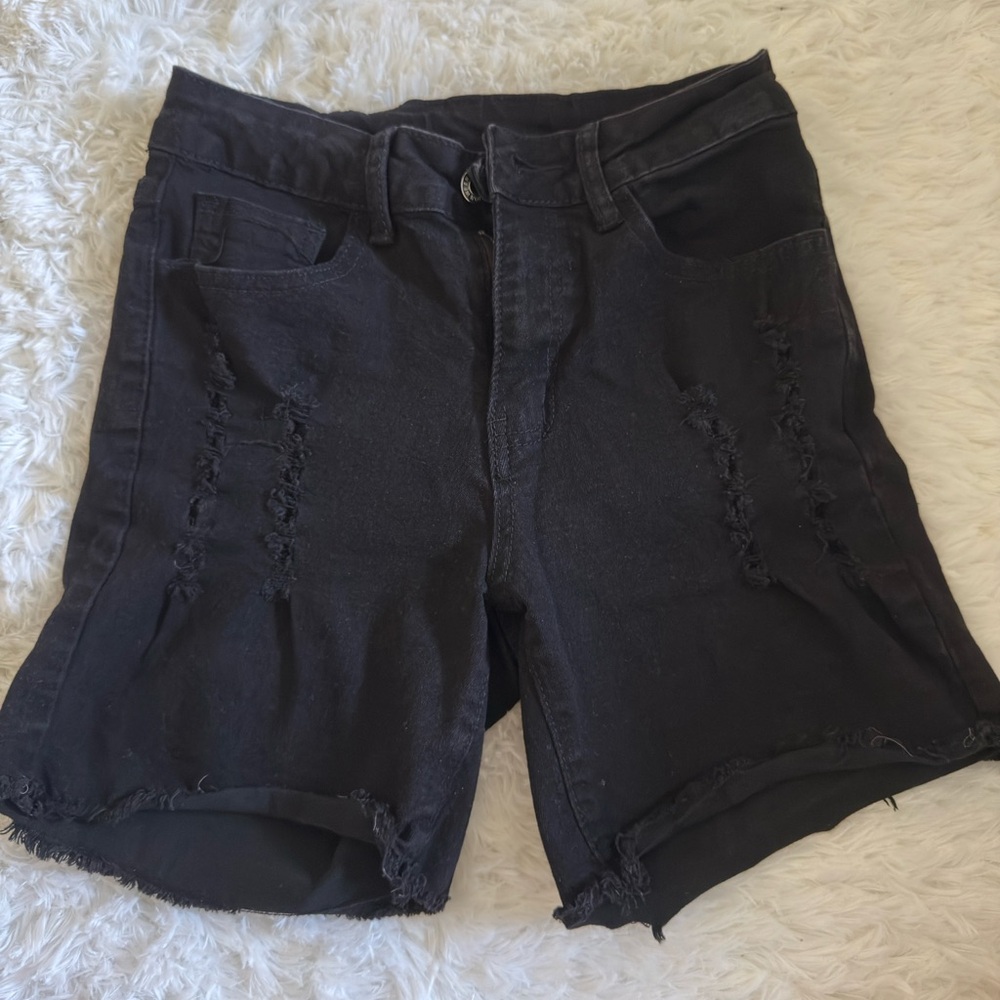SHEIN Black Distressed Denim Shorts High Waisted Raw Hem Y2K Casual XS
